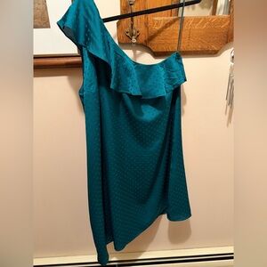 NWTs "LOFT" GREEN POLKA DOT ONE SHOULDER RUFFLE SHIFT PARTY DRESS SIZE: large